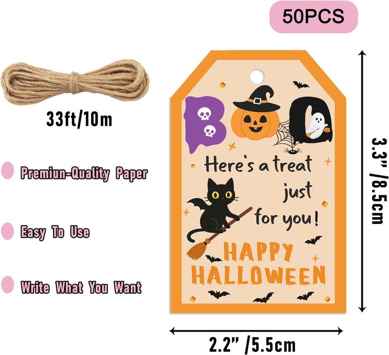 llyinglpdec 50PCS Halloween Paper Tags with String, 2.2"x3.3" Boo Pumpkin Ghost Cat Design, Treat Bag Labels for Candy Wrapping, Party Favors, and Halloween Decorations - Image 2
